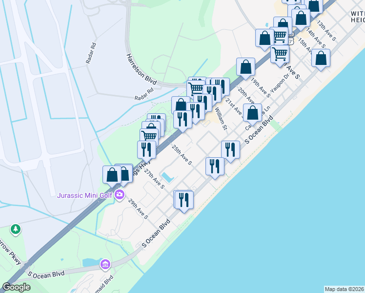 map of restaurants, bars, coffee shops, grocery stores, and more near 2502 Clearwater Street in Myrtle Beach