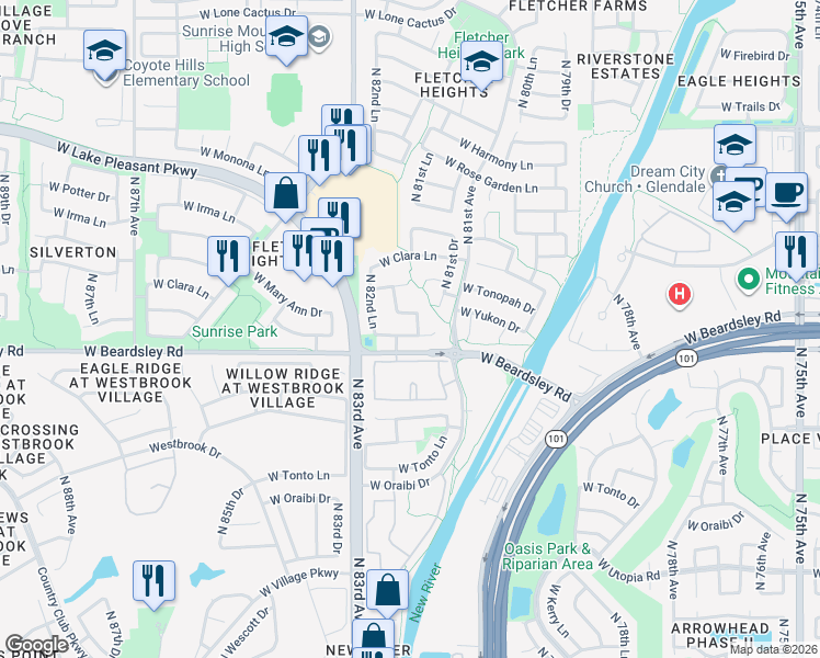 map of restaurants, bars, coffee shops, grocery stores, and more near 8189 West Pontiac Drive in Peoria