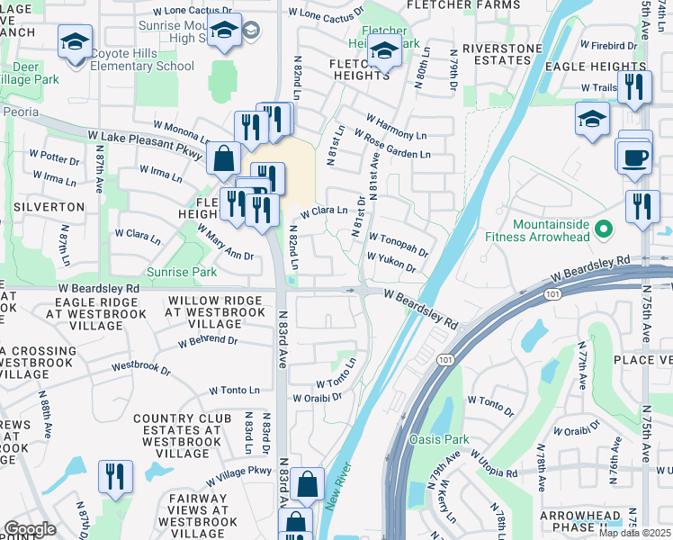 map of restaurants, bars, coffee shops, grocery stores, and more near 8170 West Pontiac Drive in Peoria