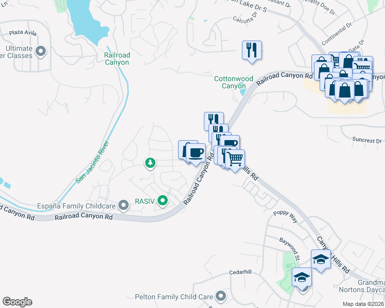 map of restaurants, bars, coffee shops, grocery stores, and more near 24523 Preston Court in Lake Elsinore