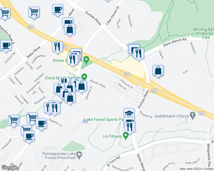 map of restaurants, bars, coffee shops, grocery stores, and more near 105 Acadia Court in Lake Forest