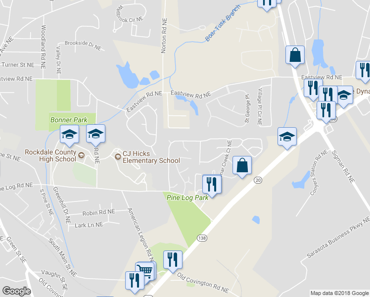 map of restaurants, bars, coffee shops, grocery stores, and more near 1450 Big Bear Cove Northeast in Conyers