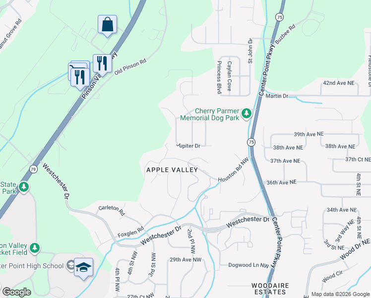 map of restaurants, bars, coffee shops, grocery stores, and more near 221 Jupiter Drive in Center Point