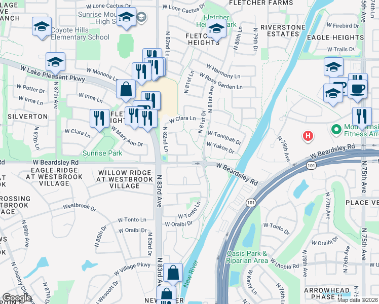 map of restaurants, bars, coffee shops, grocery stores, and more near 8170 West Pontiac Drive in Peoria
