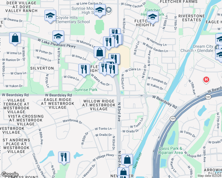 map of restaurants, bars, coffee shops, grocery stores, and more near 8337 West Pontiac Drive in Peoria
