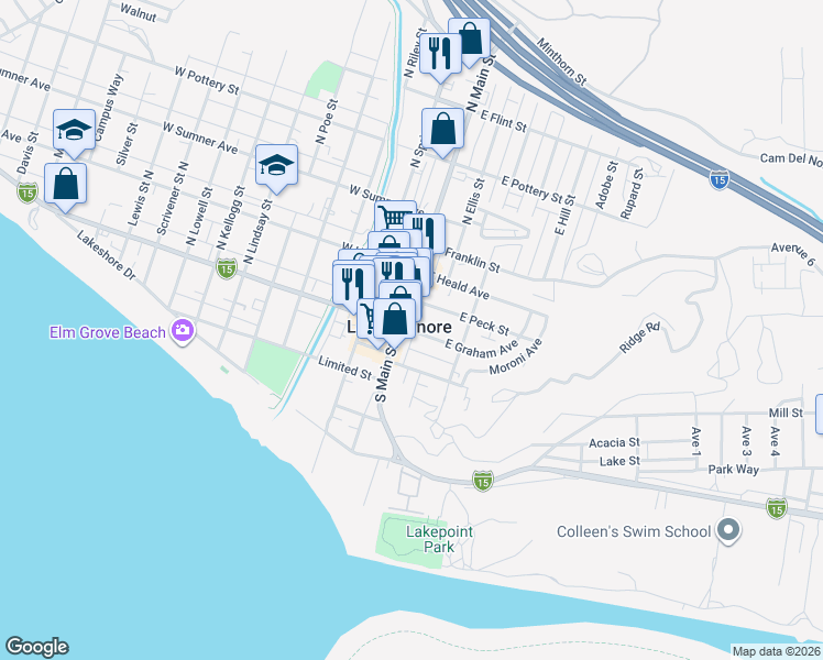 map of restaurants, bars, coffee shops, grocery stores, and more near Lash Avenue in Lake Elsinore