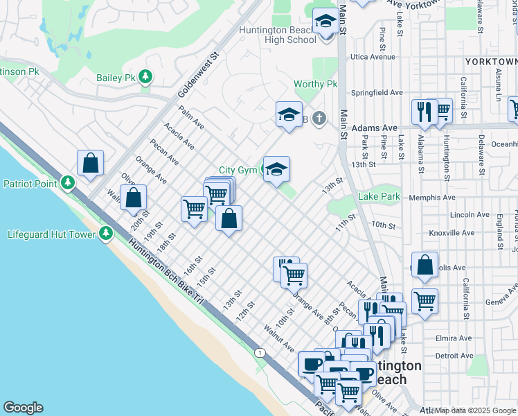 map of restaurants, bars, coffee shops, grocery stores, and more near 525 15th Street in Huntington Beach