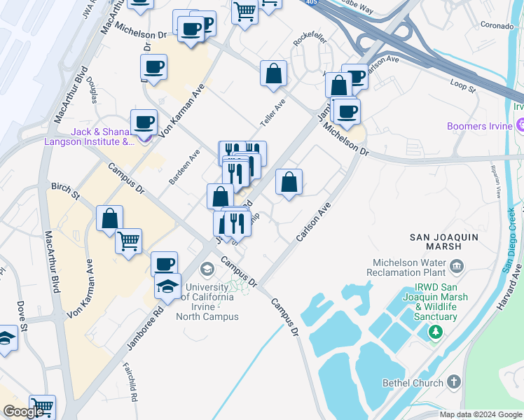 map of restaurants, bars, coffee shops, grocery stores, and more near 1378 Scholarship in Irvine
