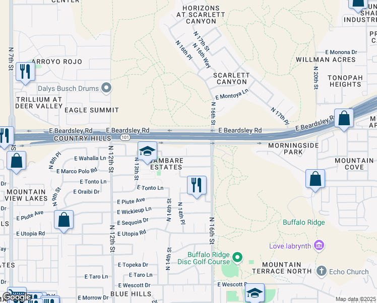 map of restaurants, bars, coffee shops, grocery stores, and more near 1505 East Wahalla Lane in Phoenix