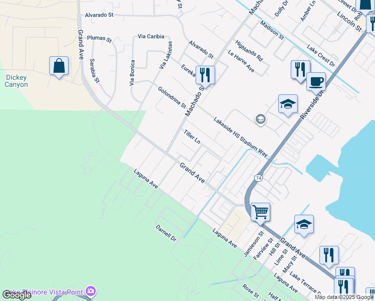map of restaurants, bars, coffee shops, grocery stores, and more near 15131 Wavecrest Drive in Lake Elsinore