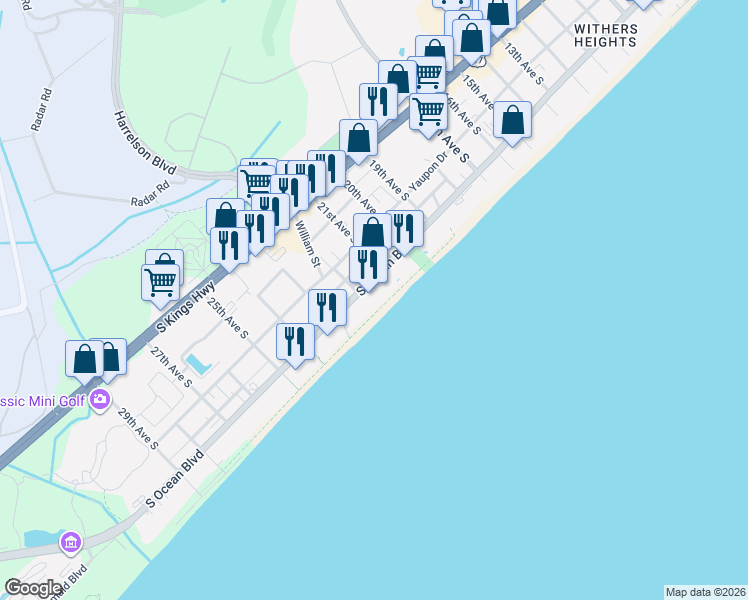 map of restaurants, bars, coffee shops, grocery stores, and more near 2209S South Ocean Boulevard in Myrtle Beach