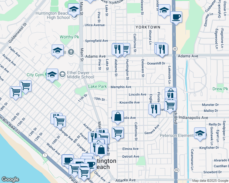 map of restaurants, bars, coffee shops, grocery stores, and more near 916 Lake Street in Huntington Beach