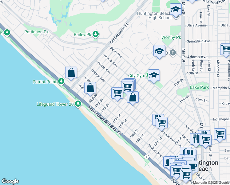 map of restaurants, bars, coffee shops, grocery stores, and more near 325 18th Street in Huntington Beach