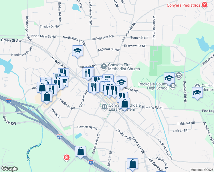 map of restaurants, bars, coffee shops, grocery stores, and more near in Conyers