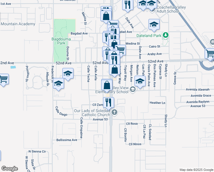 map of restaurants, bars, coffee shops, grocery stores, and more near 84955 Calle Verde in Coachella