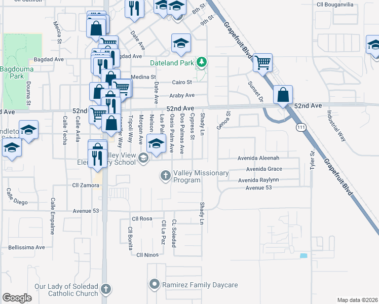 map of restaurants, bars, coffee shops, grocery stores, and more near 52448 Dos Palmas Avenue in Coachella