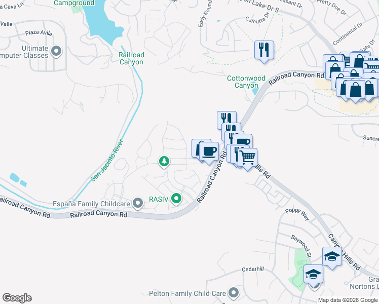 map of restaurants, bars, coffee shops, grocery stores, and more near 24487 Preston Court in Lake Elsinore