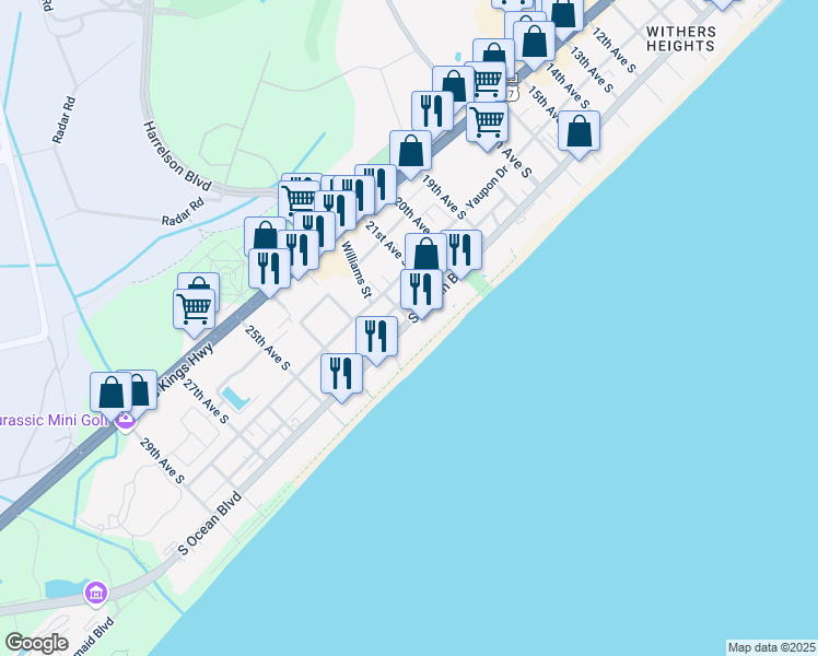 map of restaurants, bars, coffee shops, grocery stores, and more near 2209S South Ocean Boulevard in Myrtle Beach