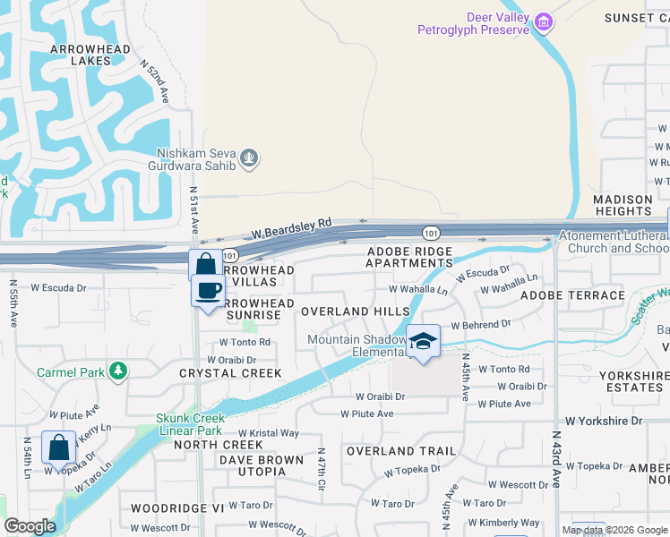 map of restaurants, bars, coffee shops, grocery stores, and more near 4749 West Escuda Drive in Glendale
