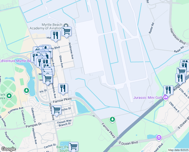 map of restaurants, bars, coffee shops, grocery stores, and more near 3231 Victory Lane in Myrtle Beach