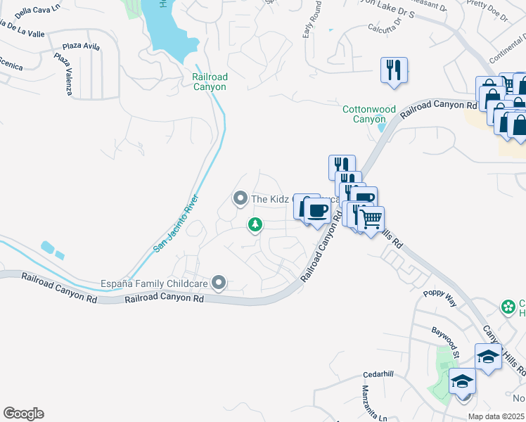 map of restaurants, bars, coffee shops, grocery stores, and more near 24445 Paxton Lane in Lake Elsinore