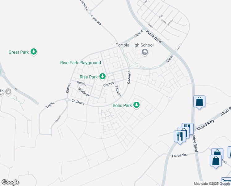 map of restaurants, bars, coffee shops, grocery stores, and more near 356 Chorus in Irvine