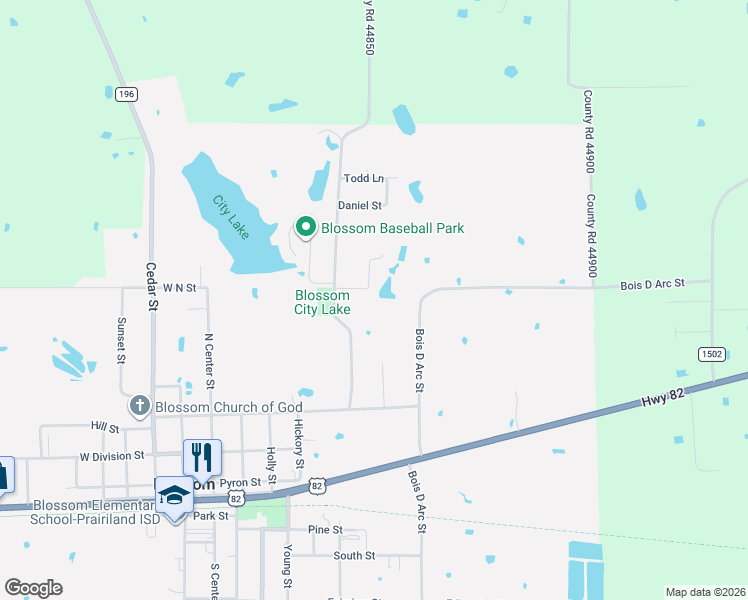 map of restaurants, bars, coffee shops, grocery stores, and more near 545 Bois D Arc Street in Blossom