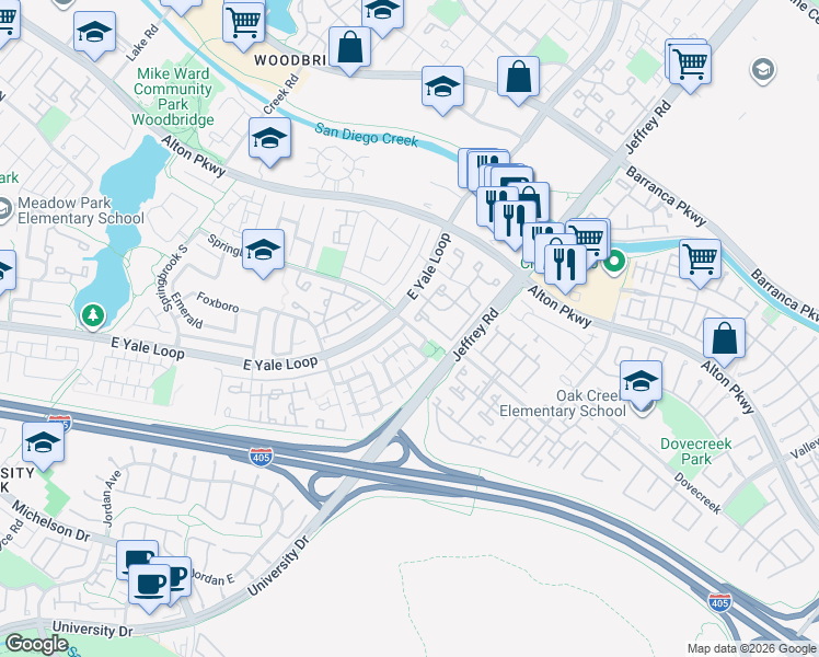 map of restaurants, bars, coffee shops, grocery stores, and more near 28 Springflower in Irvine