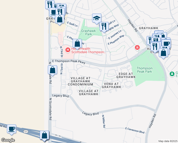 map of restaurants, bars, coffee shops, grocery stores, and more near 7501 East Thompson Peak Parkway in Scottsdale