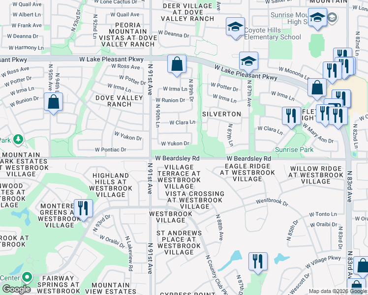 map of restaurants, bars, coffee shops, grocery stores, and more near 9017 West Yukon Drive in Peoria