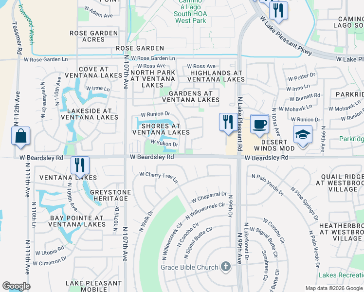 map of restaurants, bars, coffee shops, grocery stores, and more near 20211 North 105th Avenue in Peoria