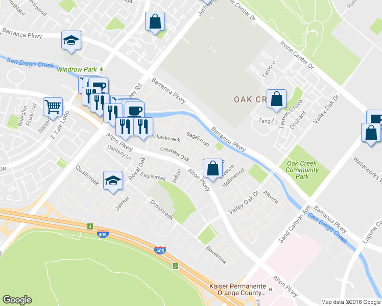 map of restaurants, bars, coffee shops, grocery stores, and more near 2404 Crescent Oak in Irvine