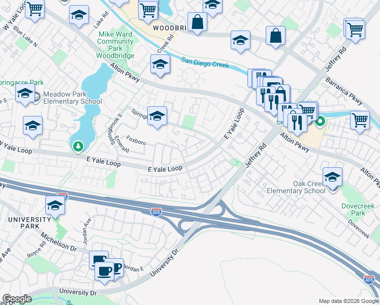 map of restaurants, bars, coffee shops, grocery stores, and more near 207 Fallingstar in Irvine