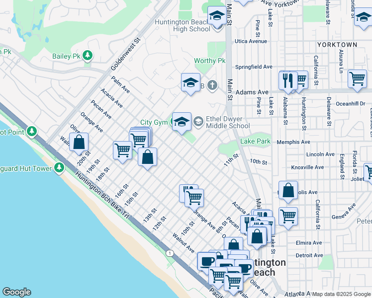 map of restaurants, bars, coffee shops, grocery stores, and more near 610 14th Street in Huntington Beach