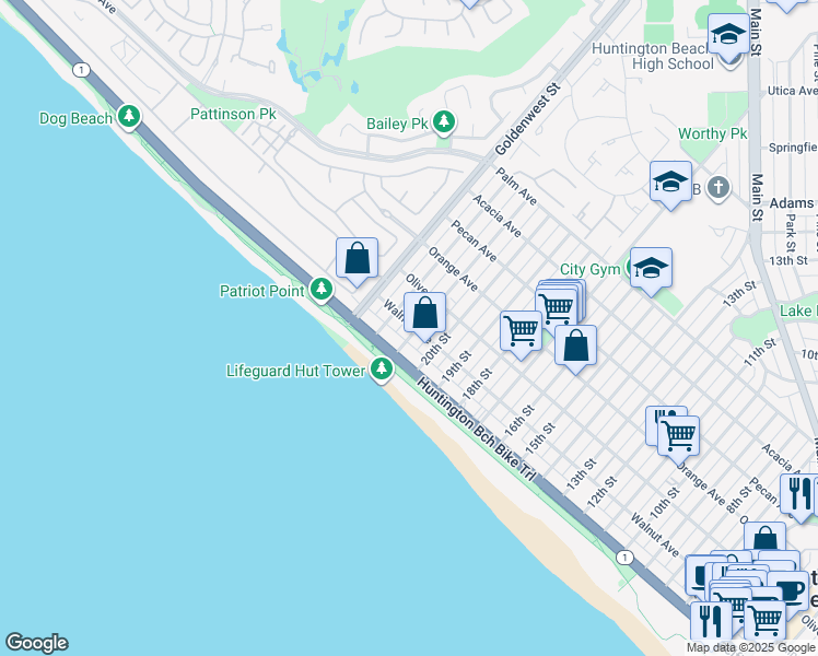 map of restaurants, bars, coffee shops, grocery stores, and more near 2102 Pacific Coast Highway in Huntington Beach