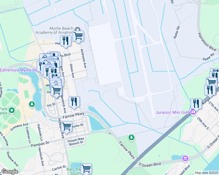 map of restaurants, bars, coffee shops, grocery stores, and more near 3231 Victory Lane in Myrtle Beach