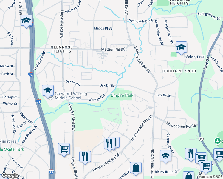 map of restaurants, bars, coffee shops, grocery stores, and more near 3188 Ward Drive Southwest in Atlanta