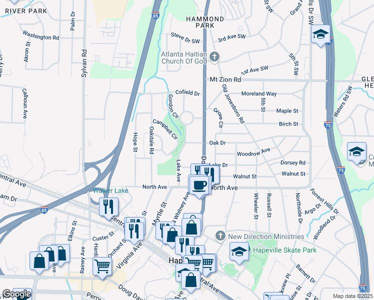 map of restaurants, bars, coffee shops, grocery stores, and more near 3182 Lake Avenue in Hapeville