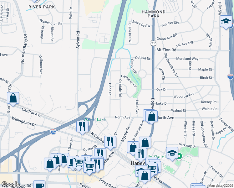 map of restaurants, bars, coffee shops, grocery stores, and more near 3173 Oakdale Road in Hapeville