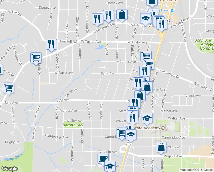 map of restaurants, bars, coffee shops, grocery stores, and more near 1889 Vesta Avenue in East Point