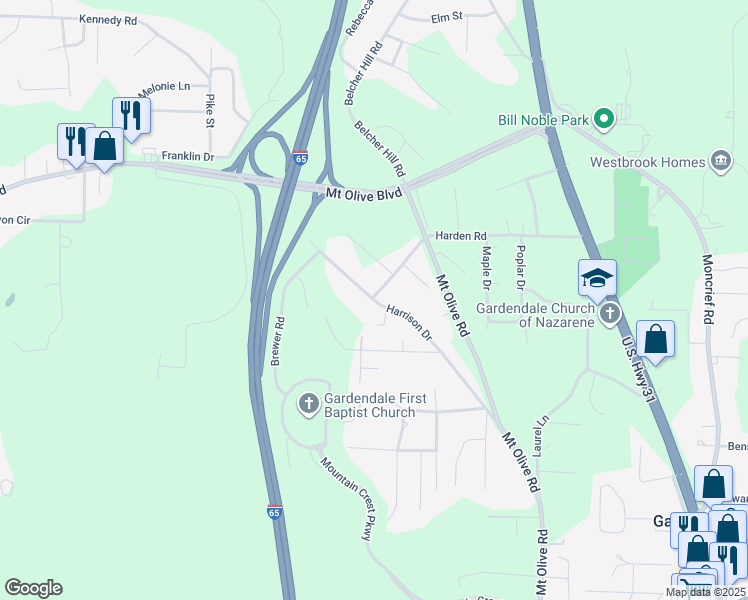 map of restaurants, bars, coffee shops, grocery stores, and more near 1848 Harrison Drive in Gardendale