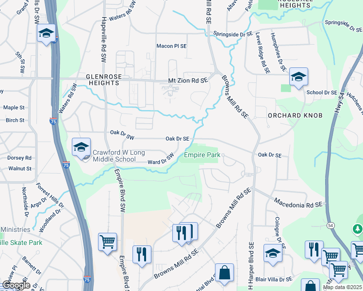 map of restaurants, bars, coffee shops, grocery stores, and more near 3188 Ward Drive Southwest in Atlanta