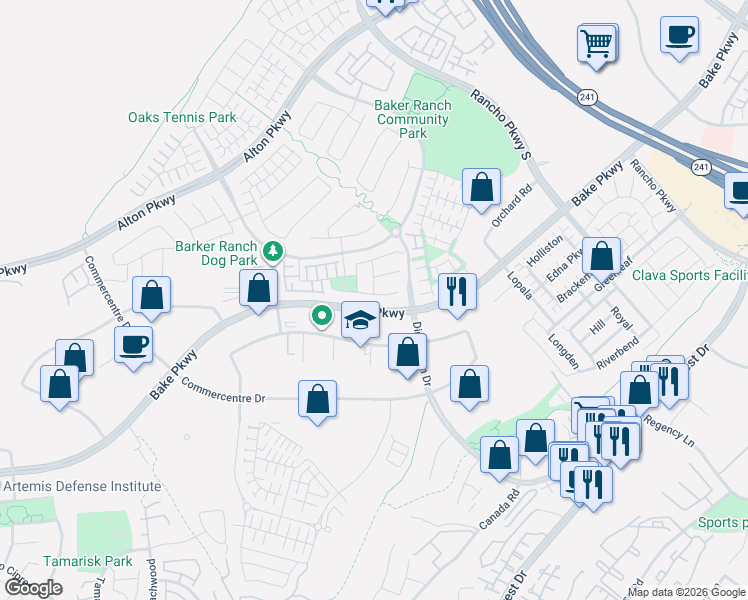 map of restaurants, bars, coffee shops, grocery stores, and more near 26 Morning Glory in Lake Forest