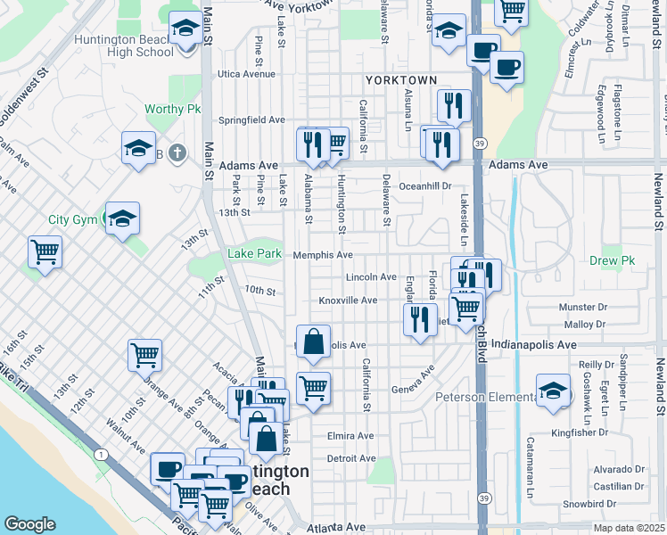 map of restaurants, bars, coffee shops, grocery stores, and more near 1209 Huntington Street in Huntington Beach