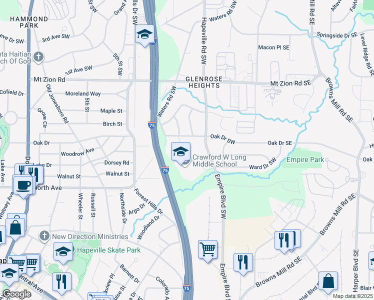 map of restaurants, bars, coffee shops, grocery stores, and more near 3182 Latona Drive Southwest in Atlanta
