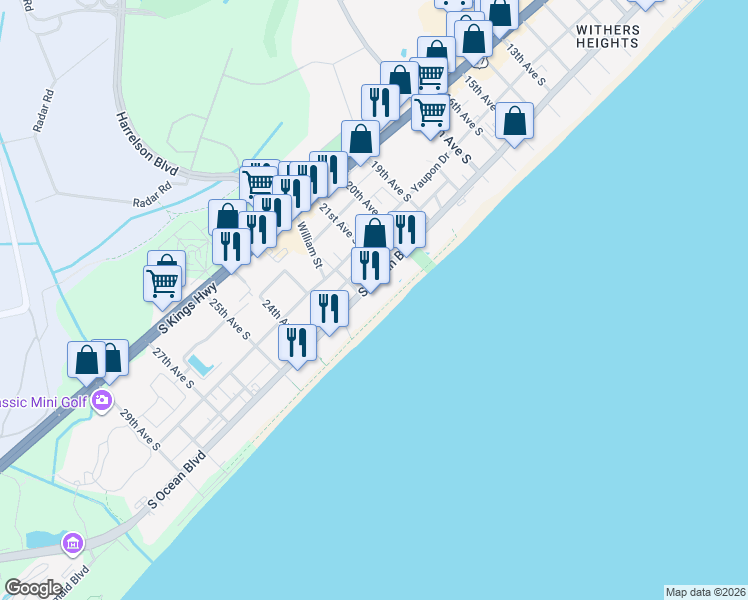 map of restaurants, bars, coffee shops, grocery stores, and more near 2209S South Ocean Boulevard in Myrtle Beach