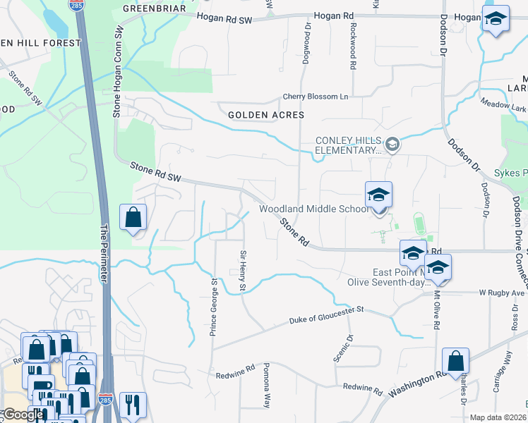 map of restaurants, bars, coffee shops, grocery stores, and more near 3020 Stone Road in East Point