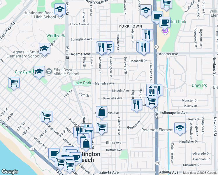 map of restaurants, bars, coffee shops, grocery stores, and more near 1209 Huntington Street in Huntington Beach
