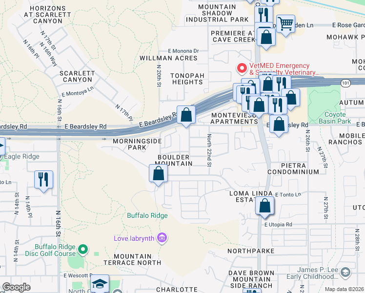 map of restaurants, bars, coffee shops, grocery stores, and more near 2039 East Escuda Road in Phoenix