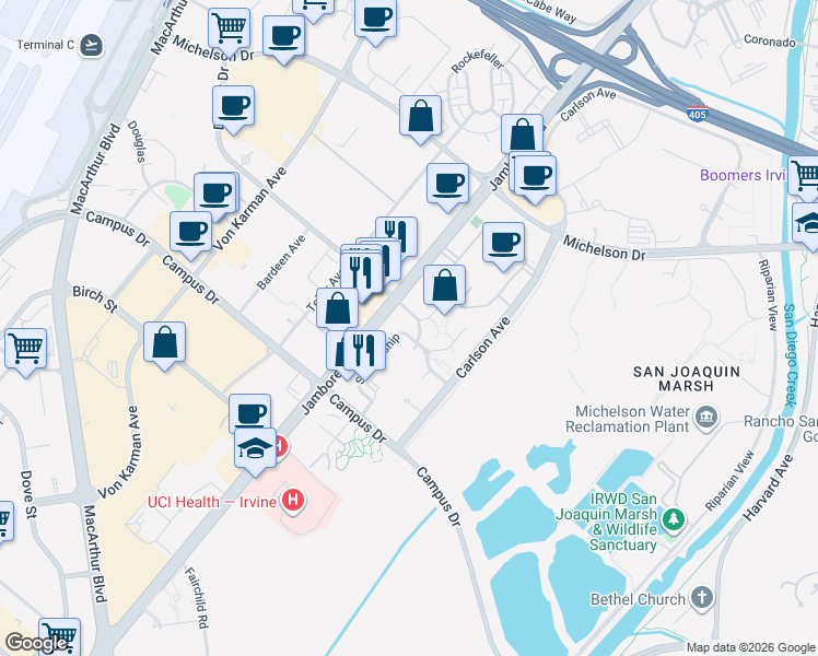 map of restaurants, bars, coffee shops, grocery stores, and more near 1320 Scholarship in Irvine